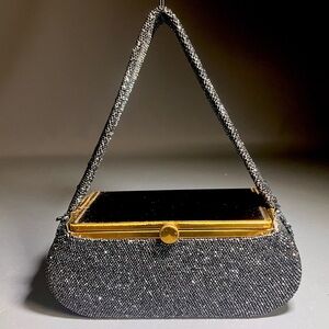 Vtg 50s Lucite-Beaded Purse Evening Bag Box Handle Elevated Mirror Inside